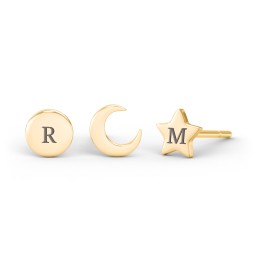 Engravable Celestial Stud Earrings Stack - Set of 3 in 10K Solid Yellow Gold