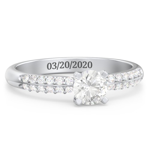 1/2 ct. Round Gemstone Engagement Ring with Double Row Accents – 10K White Gold with Cubic Zirconia and White Premium Zirconia