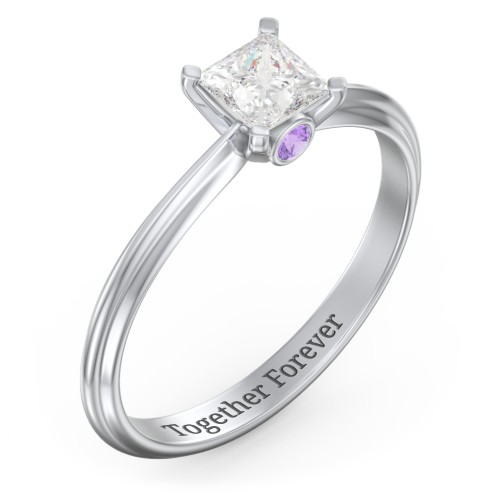 1/2 ct. Princess Gemstone Peek-A-Boo Engagement Ring with Ridged Band – Sterling Silver with White Premium Zirconia and Amethyst