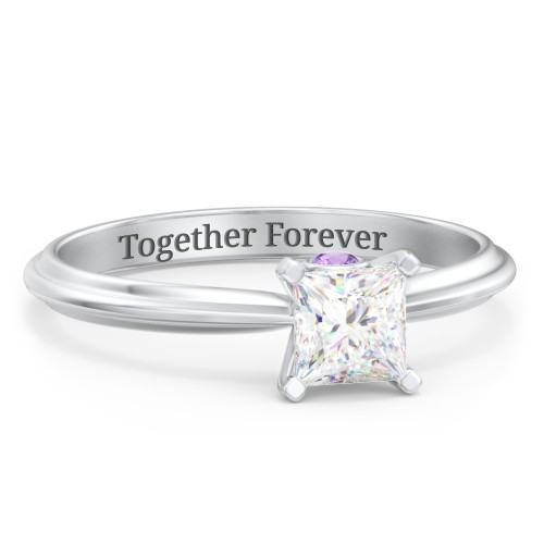 1/2 ct. Princess Gemstone Peek-A-Boo Engagement Ring with Ridged Band – Sterling Silver with White Premium Zirconia and Amethyst