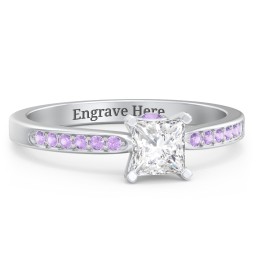 1/2 ct. Princess Gemstone Peek-A-Boo Engagement Ring with Side Accent Stones in 925 Sterling Silver with White Premium Zirconia, Amethyst Premium Zirconia, and Amethyst