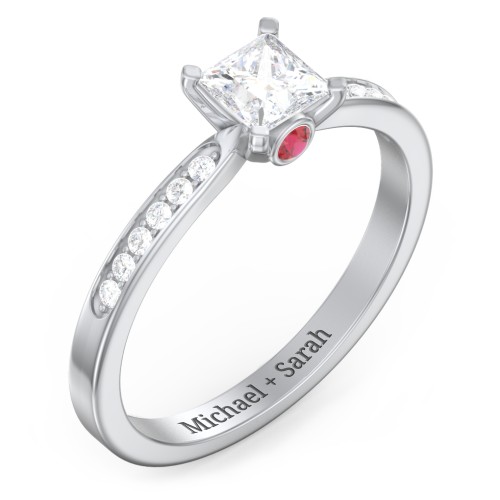 1/2 ct. Princess Gemstone Peek-A-Boo Engagement Ring with Side Accent Stones – 10K White Gold with White Premium Zirconia and Garnet