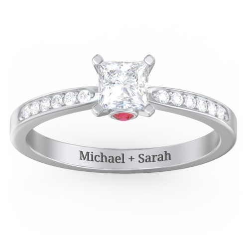 1/2 ct. Princess Gemstone Peek-A-Boo Engagement Ring with Side Accent Stones – 10K White Gold with White Premium Zirconia and Garnet