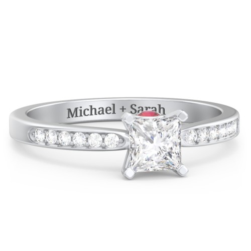 1/2 ct. Princess Gemstone Peek-A-Boo Engagement Ring with Side Accent Stones – 10K White Gold with White Premium Zirconia and Garnet
