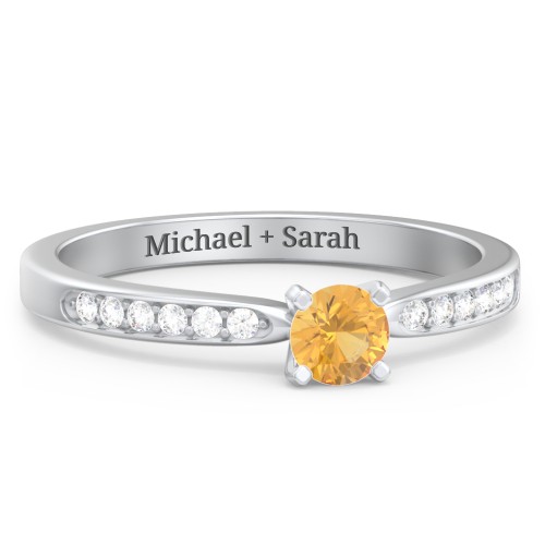 1/4 ct. Round Gemstone Engagement Ring with Side Accent Stones – Sterling Silver with Citrine and Diamond