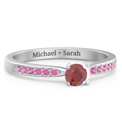 1/4 ct. Round Gemstone Engagement Ring with Side Accent Stones – Sterling Silver with Garnet and Red Premium Zirconia