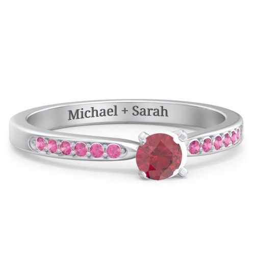 1/4 ct. Round Gemstone Engagement Ring with Side Accent Stones – Sterling Silver with Ruby and Red Premium Zirconia