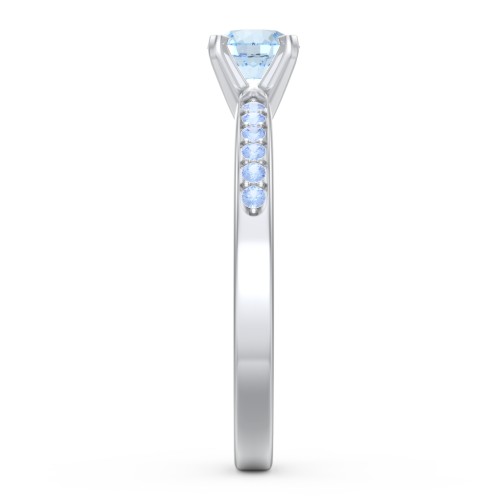 1/2 ct. Round Gemstone Engagement Ring with Side Accent Stones – Sterling Silver with Aquamarine and Fancy Blue Premium Zirconia