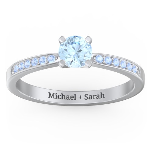 1/2 ct. Round Gemstone Engagement Ring with Side Accent Stones – Sterling Silver with Aquamarine and Fancy Blue Premium Zirconia