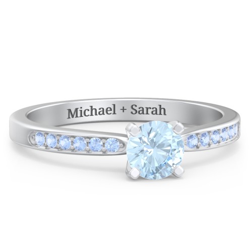 1/2 ct. Round Gemstone Engagement Ring with Side Accent Stones – Sterling Silver with Aquamarine and Fancy Blue Premium Zirconia