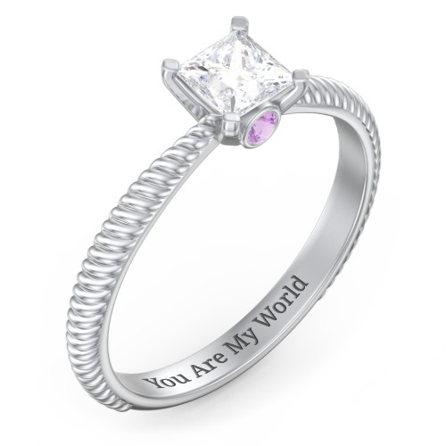 1/2 ct. Princess Gemstone Peek-A-Boo Engagement Ring with Twisted Rope Band – Sterling Silver with White Premium Zirconia and Amethyst