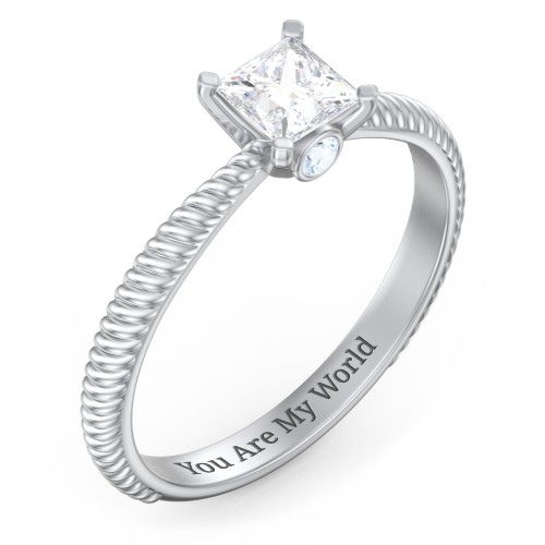 1/2 ct. Princess Gemstone Peek-A-Boo Engagement Ring with Twisted Rope Band – Sterling Silver with White Premium Zirconia and Aquamarine