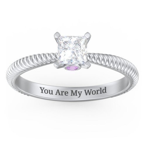 1/2 ct. Princess Gemstone Peek-A-Boo Engagement Ring with Twisted Rope Band – Sterling Silver with White Premium Zirconia and Amethyst