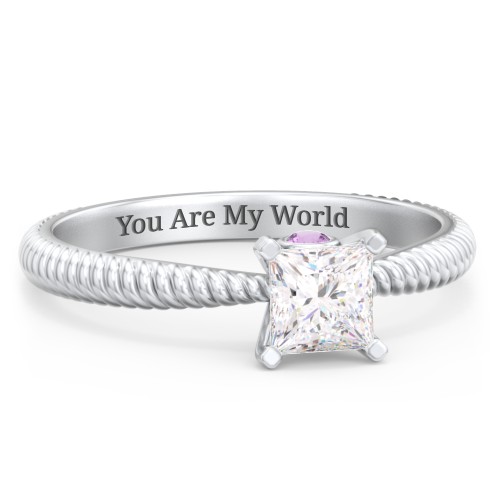 1/2 ct. Princess Gemstone Peek-A-Boo Engagement Ring with Twisted Rope Band – Sterling Silver with White Premium Zirconia and Amethyst