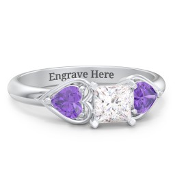 1/2 ct. Princess Gemstone Engagement Ring with Heart Stones in 925 Sterling Silver with White Premium Zirconia and Amethyst