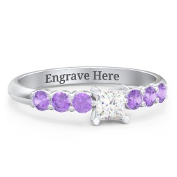 1/4 ct. Princess Gemstone Engagement Ring with Side Gemstones in 925 Sterling Silver with White Premium Zirconia and Amethyst