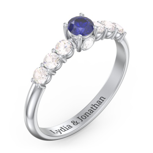 1/4 ct. Round Gemstone Peek-A-Boo Engagement Ring with Side Gemstones – 10K White Gold with Blue Sapphire and Cubic Zirconia