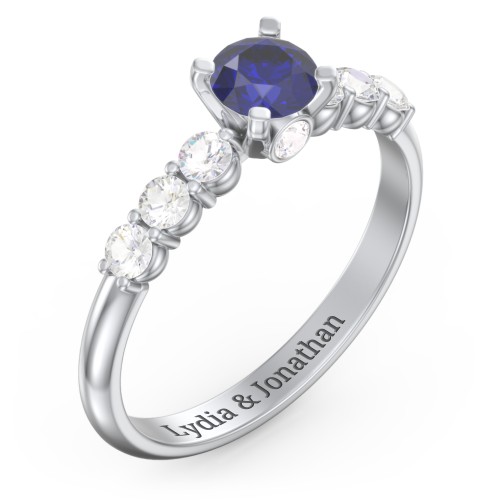 1/2 ct. Round Gemstone Peek-A-Boo Engagement Ring with Side Gemstones – 10K White Gold with Blue Sapphire and Cubic Zirconia