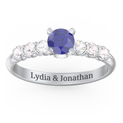 1/2 ct. Round Gemstone Peek-A-Boo Engagement Ring with Side Gemstones – 10K White Gold with Blue Sapphire and Cubic Zirconia