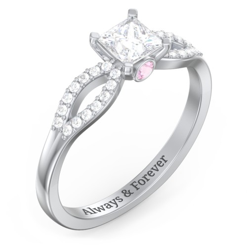 1/2 ct. Princess Gemstone Split Peek-A-Boo Engagement Ring with Accents – 10K White Gold with White Premium Zirconia and Pink Tourmaline