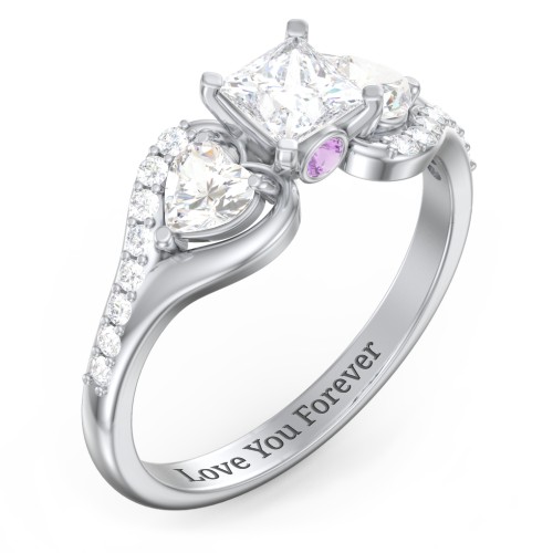 1/2 ct. Princess Gemstone Peek-A-Boo Engagement Ring with Heart Stones & Accents Stones – 10K White Gold with White Premium Zirconia, Cubic Zirconia, and Amethyst