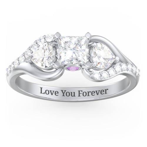 1/2 ct. Princess Gemstone Peek-A-Boo Engagement Ring with Heart Stones & Accents Stones – 10K White Gold with White Premium Zirconia, Cubic Zirconia, and Amethyst