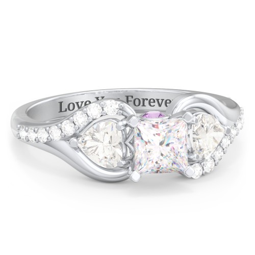 1/2 ct. Princess Gemstone Peek-A-Boo Engagement Ring with Heart Stones & Accents Stones – 10K White Gold with White Premium Zirconia, Cubic Zirconia, and Amethyst