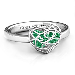 Petite Caged Hearts Ring with 1-3 Stones in 925 Sterling Silver with Emerald, Citrine, Smokey Quartz, and Pink Tourmaline