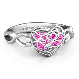 Petite Caged Hearts Ring with 1-3 Stones in 925 Sterling Silver with Pink Tourmaline, Citrine, and Smokey Quartz