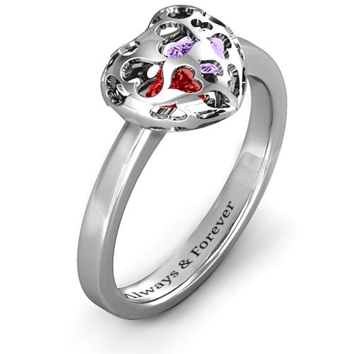 Heart Cut-out Petite Caged Hearts Ring with Classic Band – 10K White Gold with Garnet and Amethyst