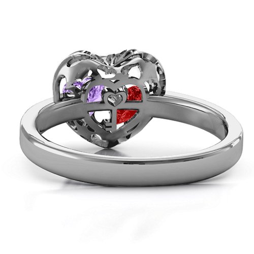Heart Cut-out Petite Caged Hearts Ring with Classic Band – 10K White Gold with Garnet and Amethyst