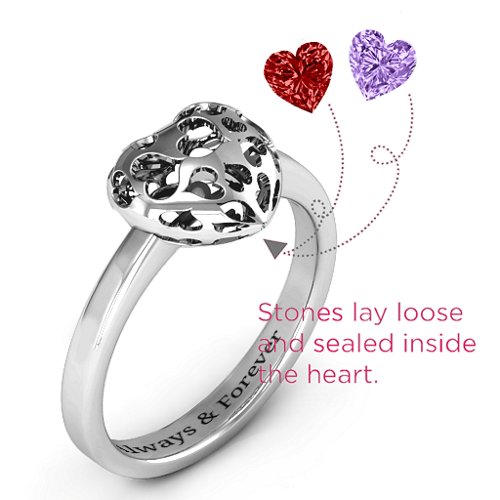 Heart Cut-out Petite Caged Hearts Ring with Classic Band – 10K White Gold with Garnet and Amethyst