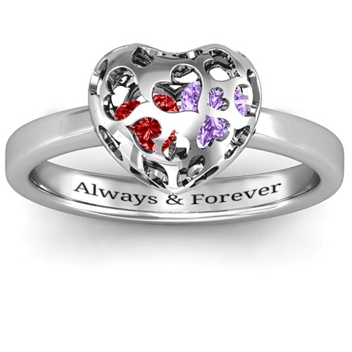 Heart Cut-out Petite Caged Hearts Ring with Classic Band – 10K White Gold with Garnet and Amethyst
