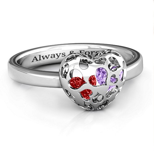 Heart Cut-out Petite Caged Hearts Ring with Classic Band – 10K White Gold with Garnet and Amethyst