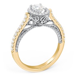Classic Diamond Engagement Ring with Pave Accented Halo and Initial Setting - "The Brigitte" in 10K Solid Yellow Gold