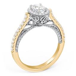 Classic Diamond Engagement Ring with Pave Accented Halo and Initial Setting - "The Brigitte" in 10K Solid Yellow Gold