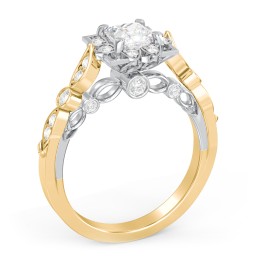 Vintage Solitaire Diamond Engagement Ring with Accents and Floral Setting - "The Audrey" in 10K Solid Yellow Gold