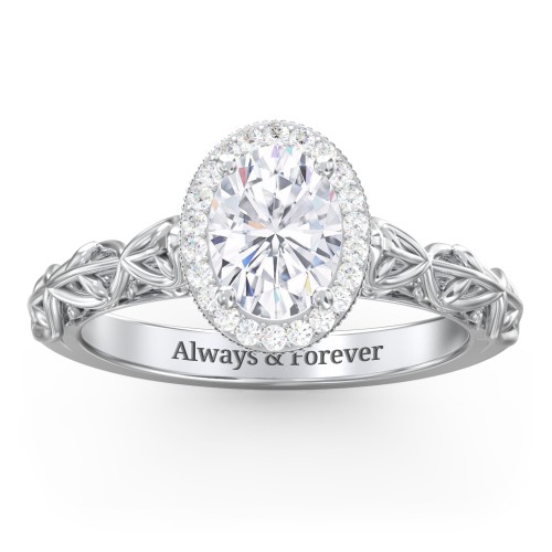 Diamond Halo Engagement Ring with Leaf and Vine Details - "The Ava" – 10K White Gold with Lab Diamond