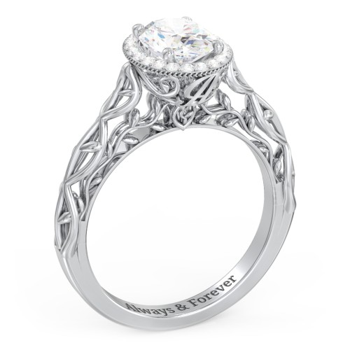 Diamond Halo Engagement Ring with Leaf and Vine Details - "The Ava" – 10K White Gold with Lab Diamond