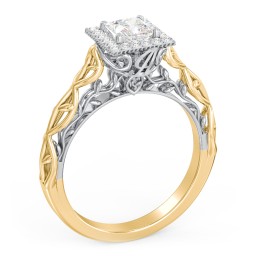 Diamond Halo Engagement Ring with Leaf and Vine Details - "The Ava" in 10K Solid Yellow Gold
