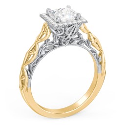 Diamond Halo Engagement Ring with Leaf and Vine Details - "The Ava" in 10K Solid Yellow Gold