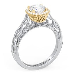 Diamond Halo Engagement Ring with Leaf and Vine Details - "The Ava"