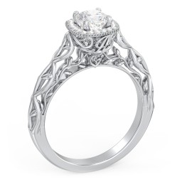Diamond Halo Engagement Ring with Leaf and Vine Details - "The Ava"