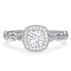 Diamond Halo Engagement Ring with Leaf and Vine Details - "The Ava"