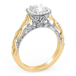 Diamond Halo Engagement Ring with Leaf and Vine Details - "The Ava" in 10K Solid Yellow Gold