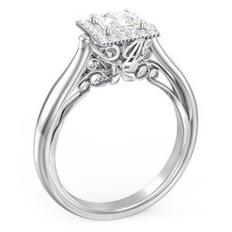 Classic Halo Diamond Engagement Ring and Butterfly and Scroll Details - "The Sophia"