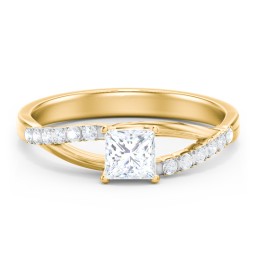 Solitaire Diamond Engagement Ring with Twisted Split Shank and Accents in 10K Solid Yellow Gold