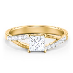 Solitaire Diamond Engagement Ring with Twisted Split Shank and Accents in 10K Solid Yellow Gold