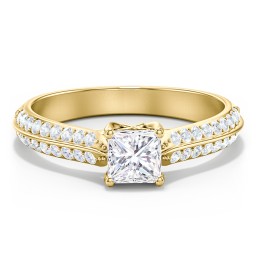 Diamond Solitaire Engagement Ring with Double Row Accents in 10K Solid Yellow Gold