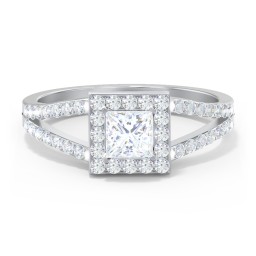 Diamond Halo Engagement Ring with Split Shank and Accents